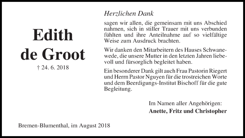  Traueranzeige für Edith de Groot vom 04.08.2018 aus Die Norddeutsche