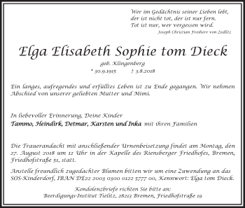 Traueranzeige von Elga Elisabeth Sophie tom Dieck