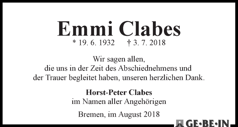  Traueranzeige für Emmi Clabes vom 01.08.2018 aus WESER-KURIER
