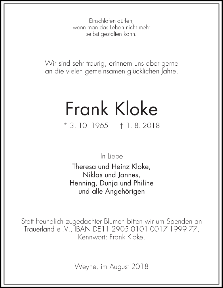  Traueranzeige für Frank Kloke vom 08.08.2018 aus WESER-KURIER