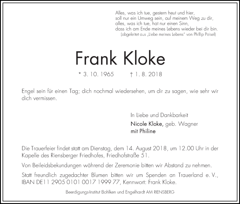  Traueranzeige für Frank Kloke vom 08.08.2018 aus WESER-KURIER