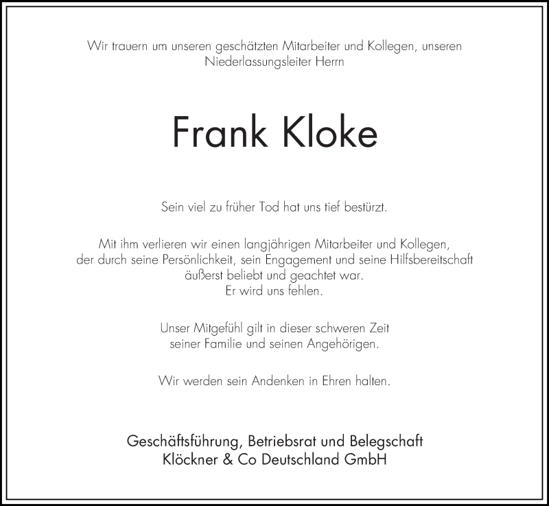  Traueranzeige für Frank Kloke vom 09.08.2018 aus WESER-KURIER