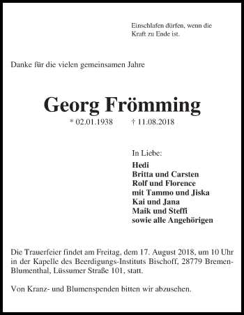 Traueranzeige von Georg Frömming