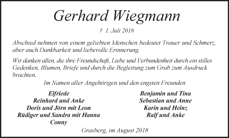 Traueranzeige für Gerhard Wiegmann vom 15.08.2018 aus Wuemme Zeitung