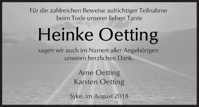  Traueranzeige für Heinke Oetting vom 18.08.2018 aus WESER-KURIER