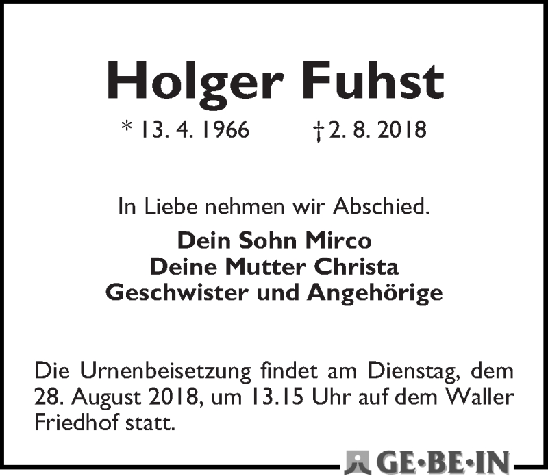  Traueranzeige für Holger Fuhst vom 15.08.2018 aus WESER-KURIER