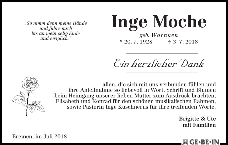  Traueranzeige für Inge Moche vom 04.08.2018 aus WESER-KURIER