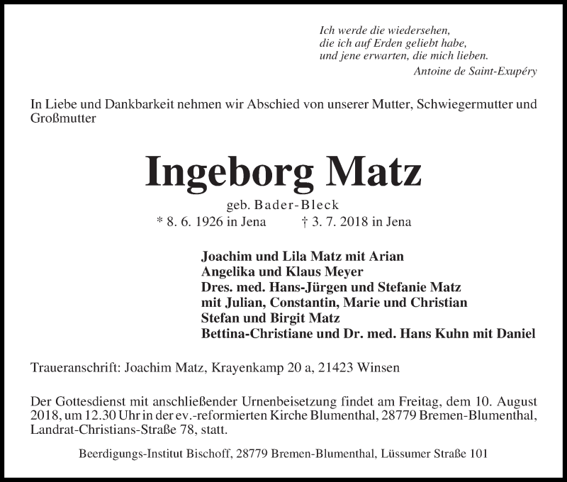  Traueranzeige für Ingeborg Matz vom 04.08.2018 aus Die Norddeutsche