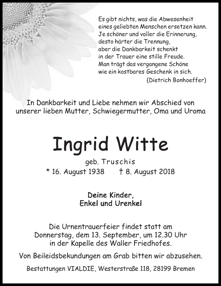  Traueranzeige für Ingrid Witte vom 18.08.2018 aus WESER-KURIER