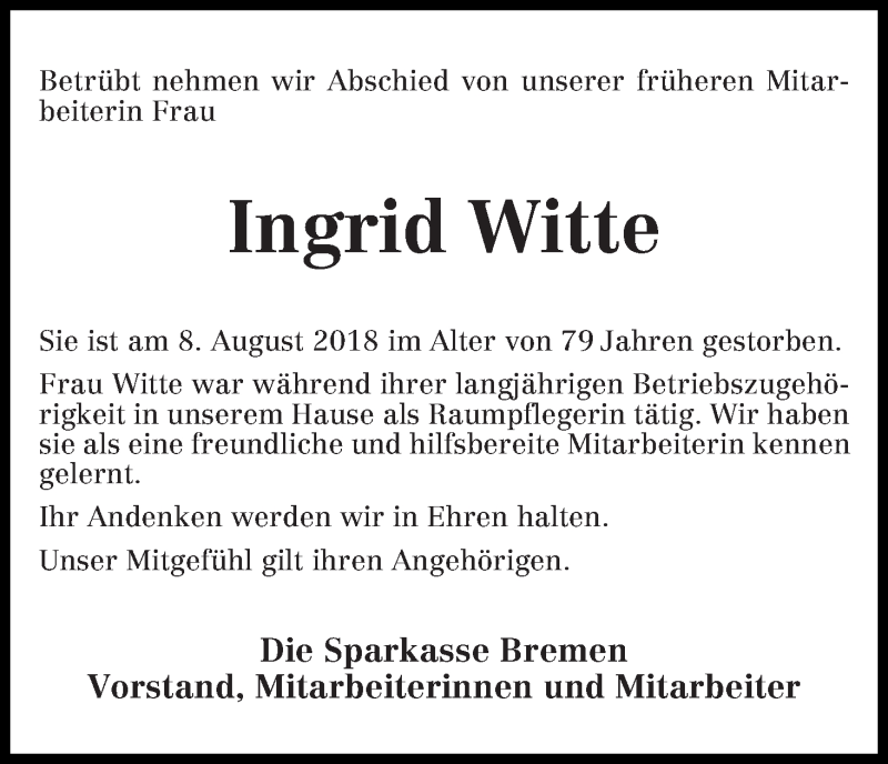 Traueranzeige für Ingrid Witte vom 29.08.2018 aus WESER-KURIER