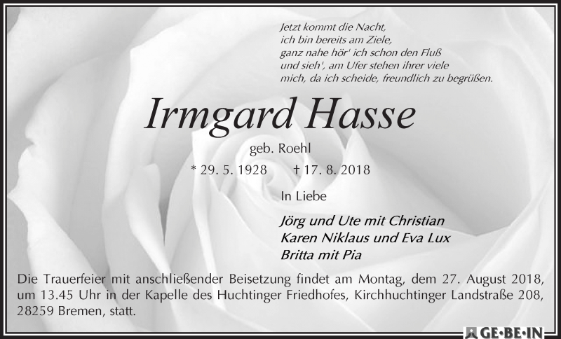 Traueranzeige von Irmgard Hasse von WESER-KURIER