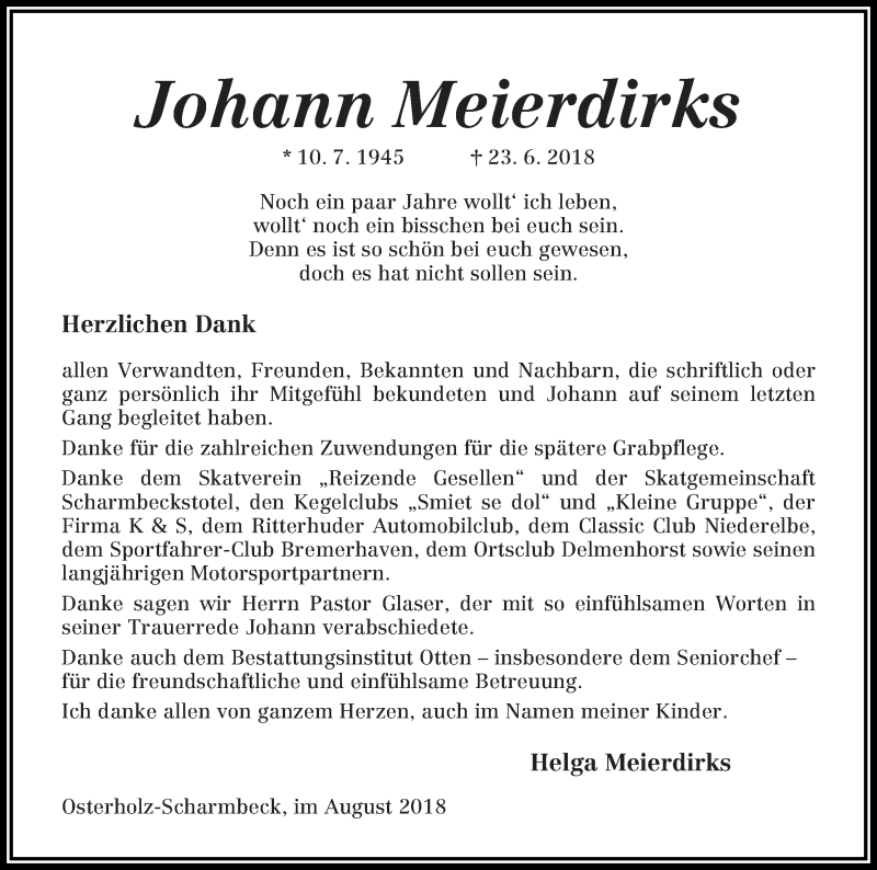  Traueranzeige für Johann Meierdirks vom 11.08.2018 aus Osterholzer Kreisblatt