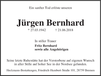 Traueranzeige von Jürgen Bernhard