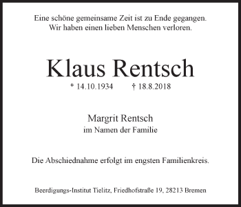Traueranzeige von Klaus Rentsch