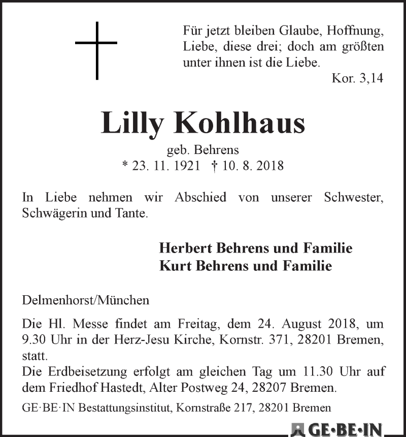  Traueranzeige für Lilly Kohlhaus vom 18.08.2018 aus WESER-KURIER