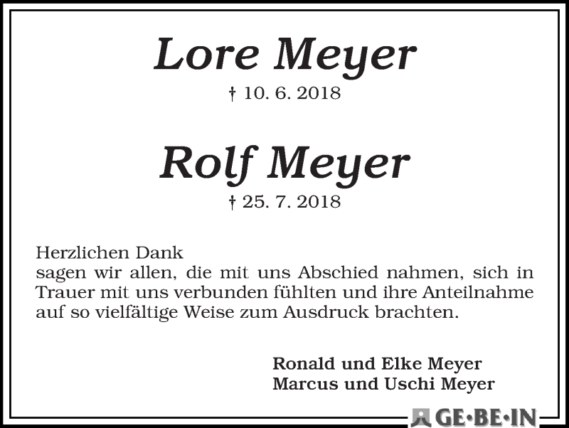 Traueranzeige von Lore und Rolf Meyer von WESER-KURIER