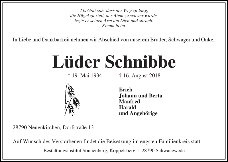 Traueranzeige von Lüder Schnibbe von Die Norddeutsche