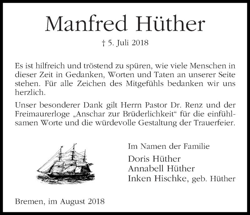  Traueranzeige für Manfred Hüther vom 25.08.2018 aus WESER-KURIER