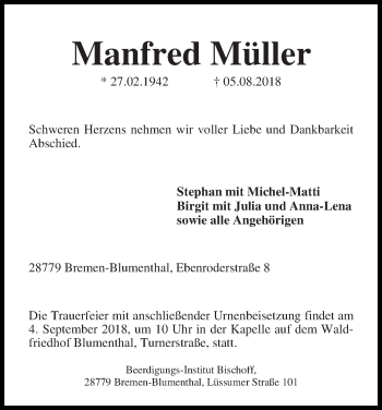Traueranzeige von Manfred Müller