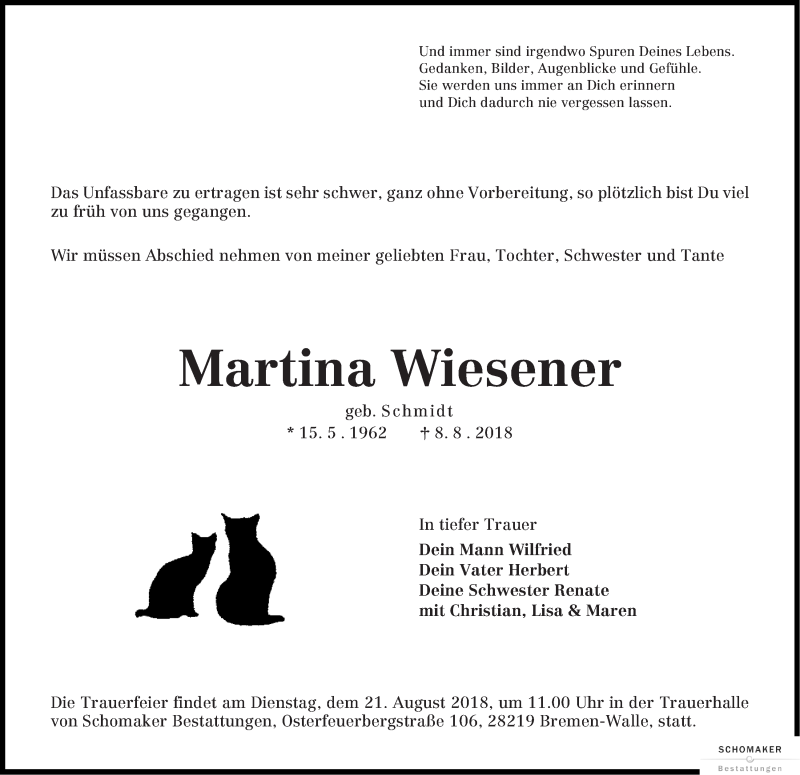  Traueranzeige für Martina Wiesener vom 18.08.2018 aus WESER-KURIER