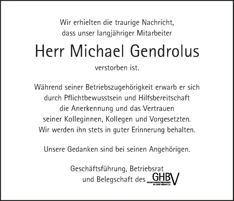  Traueranzeige für Michael Gendrolus vom 25.08.2018 aus WESER-KURIER