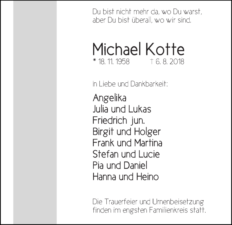  Traueranzeige für Michael Kotte vom 18.08.2018 aus WESER-KURIER