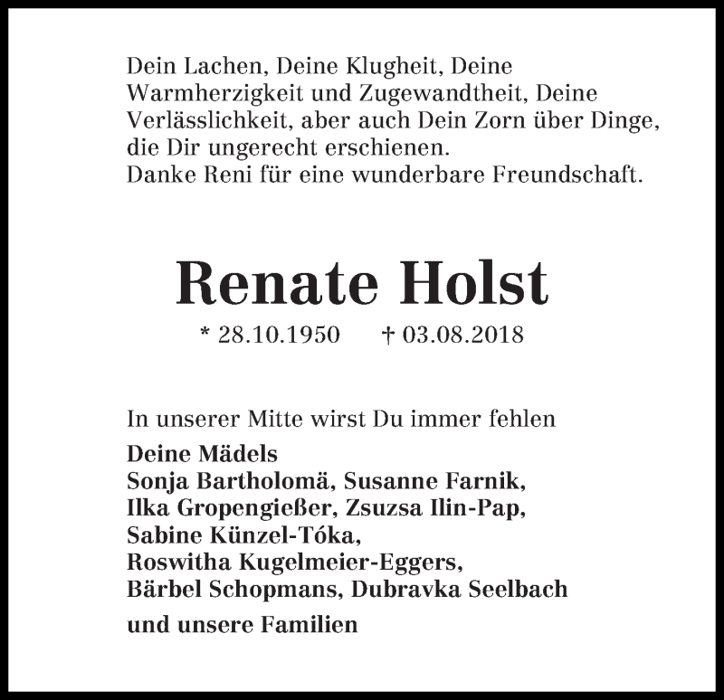  Traueranzeige für Renate Holst vom 11.08.2018 aus WESER-KURIER