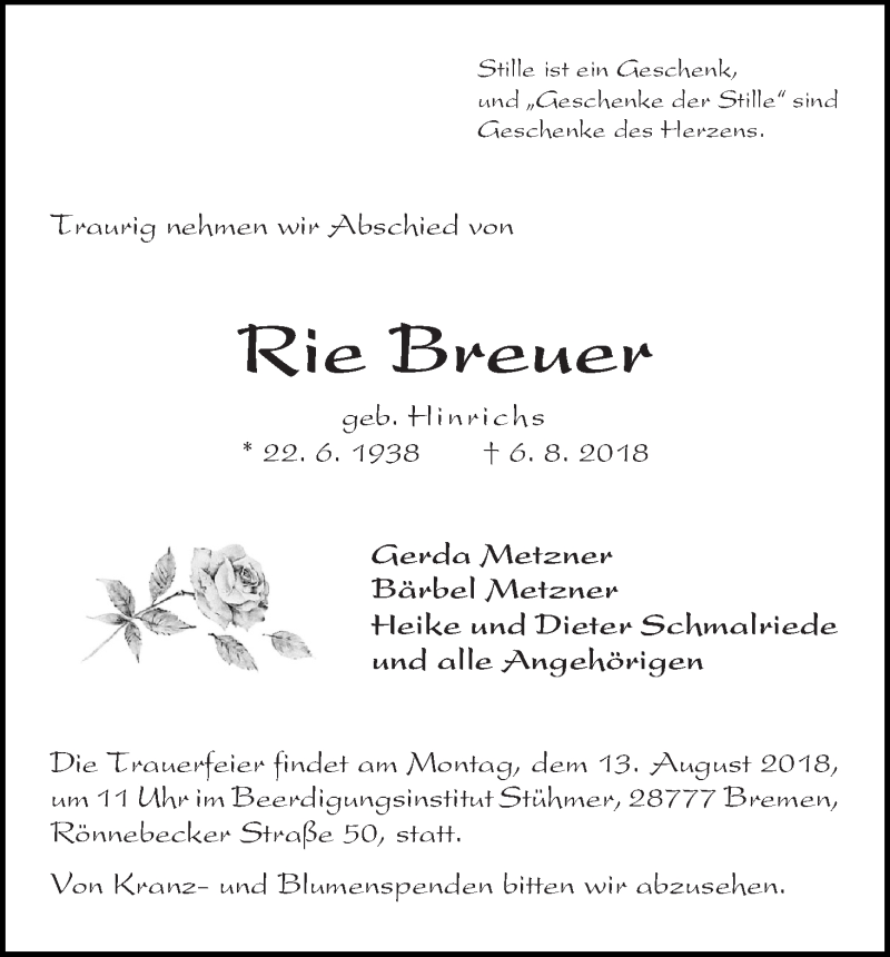  Traueranzeige für Rie Breuer vom 09.08.2018 aus Die Norddeutsche