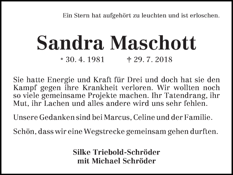  Traueranzeige für Sandra Maschott vom 04.08.2018 aus WESER-KURIER