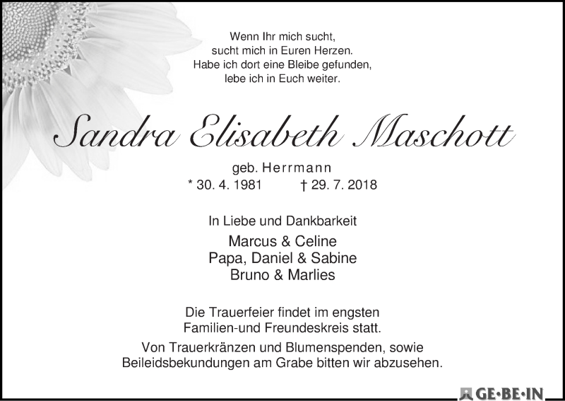 Traueranzeige für Sandra Elisabeth Maschott vom 04.08.2018 aus WESER-KURIER