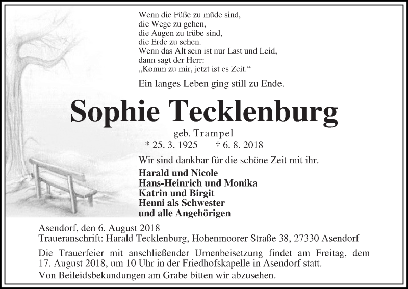  Traueranzeige für Sophie Tecklenburg vom 09.08.2018 aus WESER-KURIER
