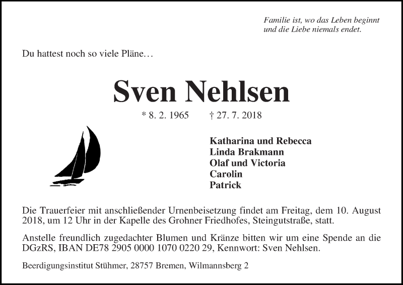  Traueranzeige für Sven Nehlsen vom 04.08.2018 aus WESER-KURIER