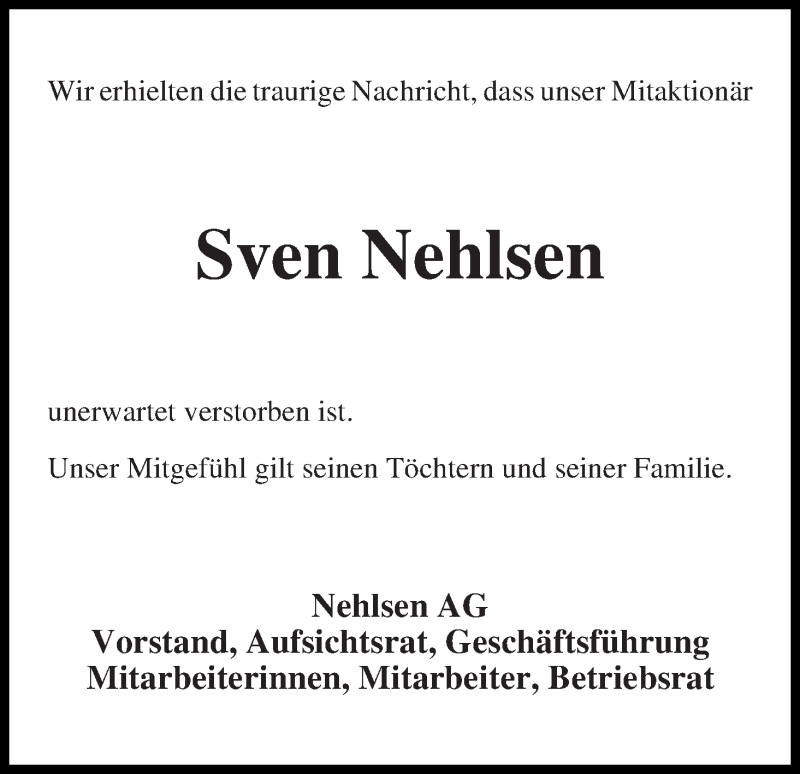  Traueranzeige für Sven Nehlsen vom 08.08.2018 aus WESER-KURIER