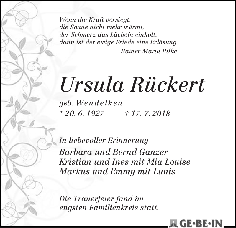 Traueranzeige von Ursula Rückert von WESER-KURIER