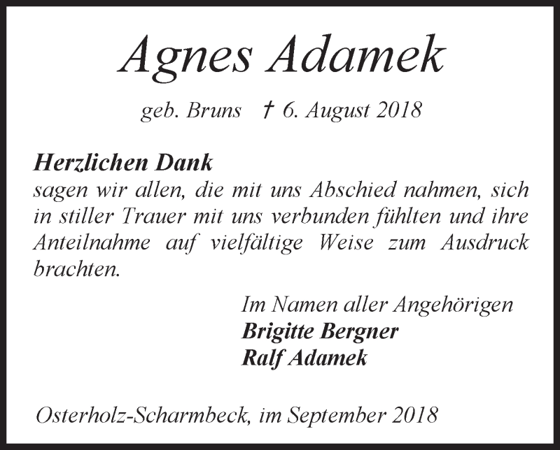  Traueranzeige für Agnes Adamek vom 15.09.2018 aus Osterholzer Kreisblatt