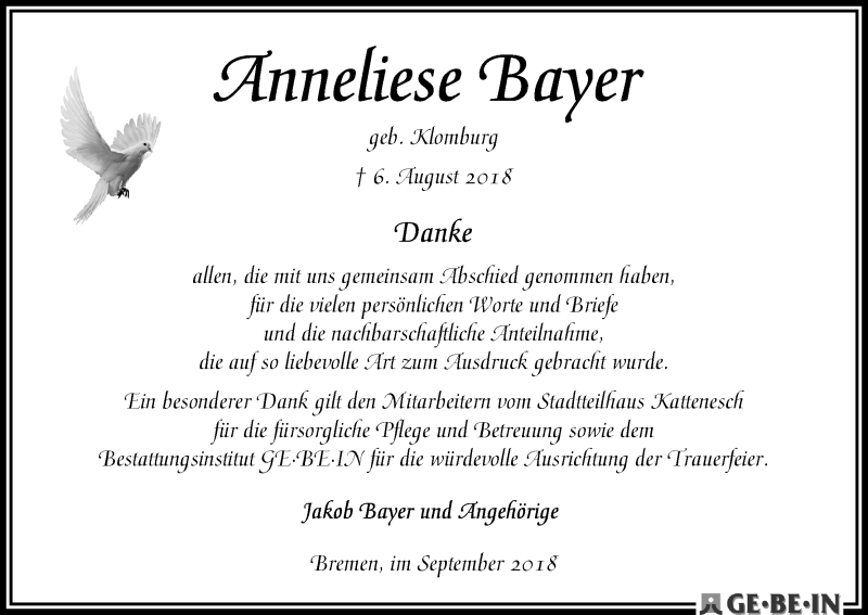  Traueranzeige für Anneliese Bayer vom 22.09.2018 aus WESER-KURIER