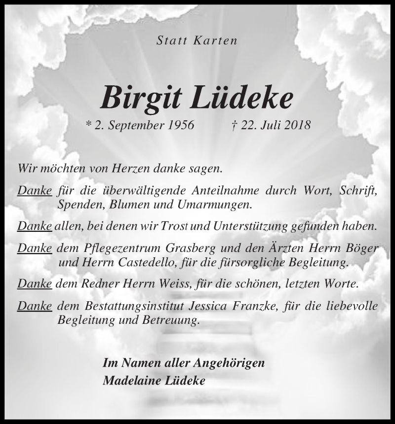  Traueranzeige für Birgit Lüdeke vom 08.09.2018 aus WESER-KURIER