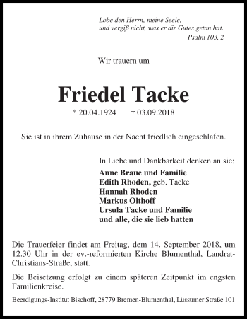Traueranzeige von Friedel Tacke