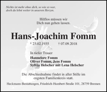 Traueranzeige von Hans-Joachim Fomm