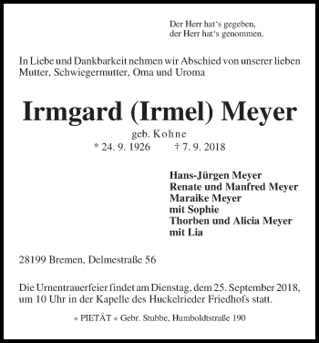 Traueranzeige von Irmgard (Irmel) Meyer