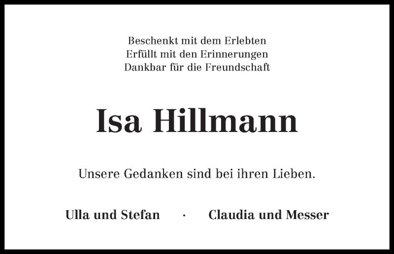 Traueranzeige von Isa Hillmann von WESER-KURIER