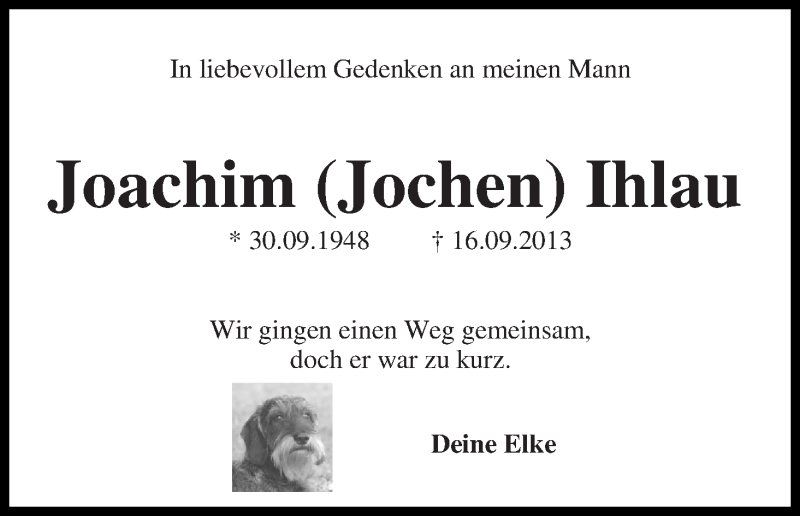  Traueranzeige für Joachim (Jochen) Ihlau vom 16.09.2018 aus WESER-KURIER