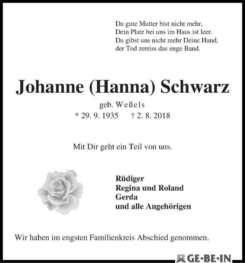  Traueranzeige für Johanne (Hanna) Schwarz vom 01.09.2018 aus WESER-KURIER