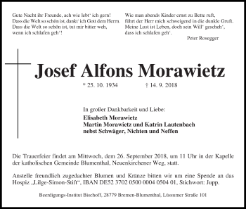 Traueranzeige von Josef Alfons Morawietz