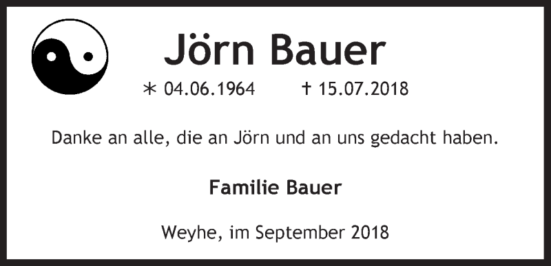  Traueranzeige für Jörn Bauer vom 01.09.2018 aus WESER-KURIER