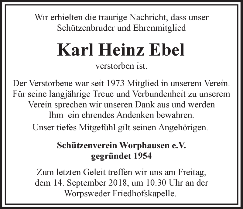  Traueranzeige für Karl Heinz Ebel vom 12.09.2018 aus Wuemme Zeitung