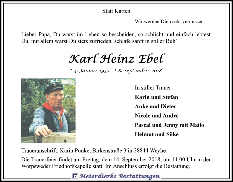  Traueranzeige für Karl Heinz Ebel vom 12.09.2018 aus Wuemme Zeitung