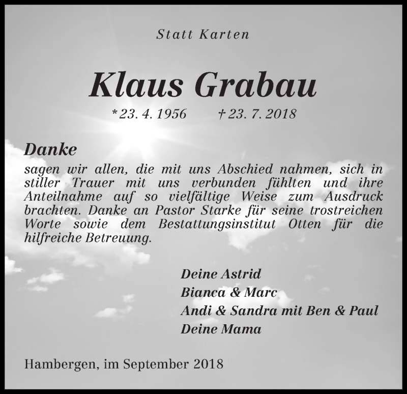  Traueranzeige für Klaus Grabau vom 08.09.2018 aus Osterholzer Kreisblatt