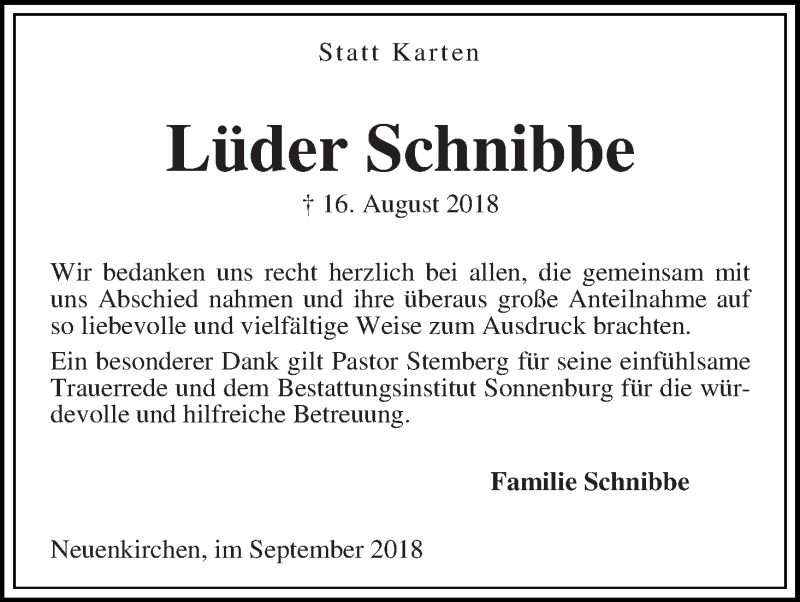 Traueranzeige von Lüder Schnibbe von Die Norddeutsche