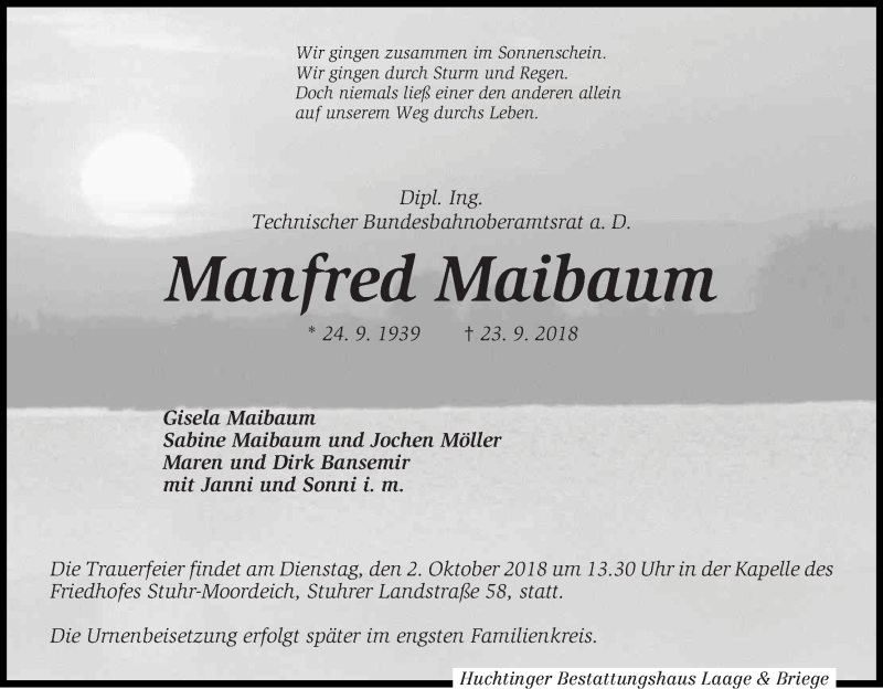  Traueranzeige für Manfred Maibaum vom 26.09.2018 aus WESER-KURIER